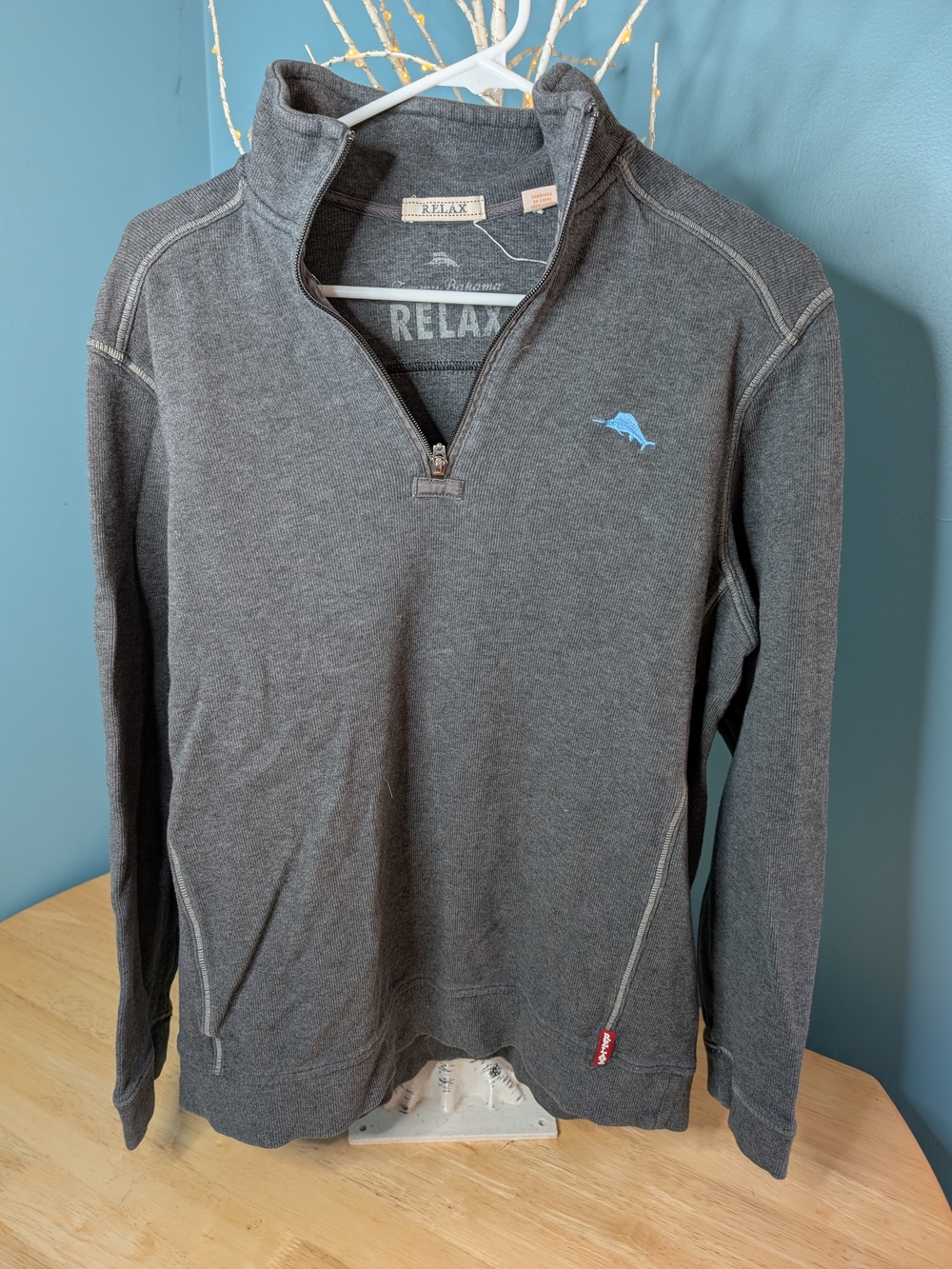 Tommy Bahama Charcoal Gray Quarter-Zip Pullover with Light Blue Logo